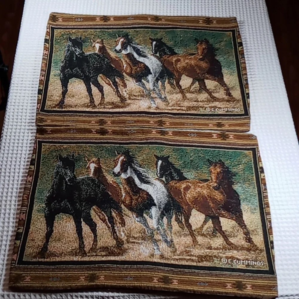 Vintage Home Run Set of Standard Tapestry Pillow Shams Made in USA Wild Horses